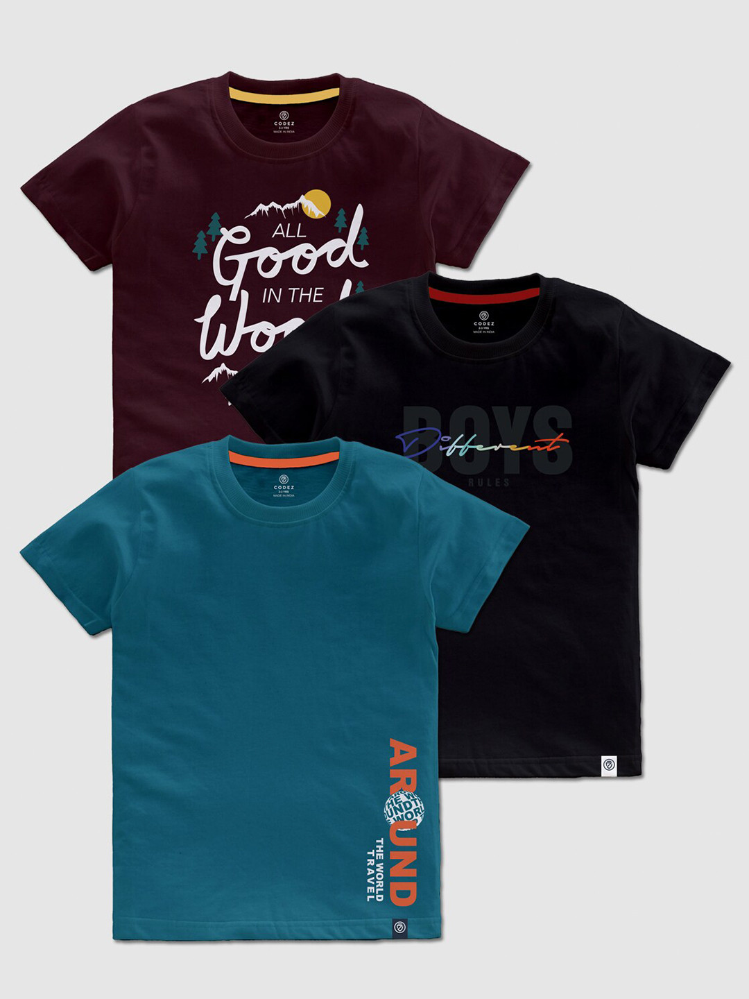 CODEZ Boys Pack Of 3 Typography Printed Cotton T-shirts