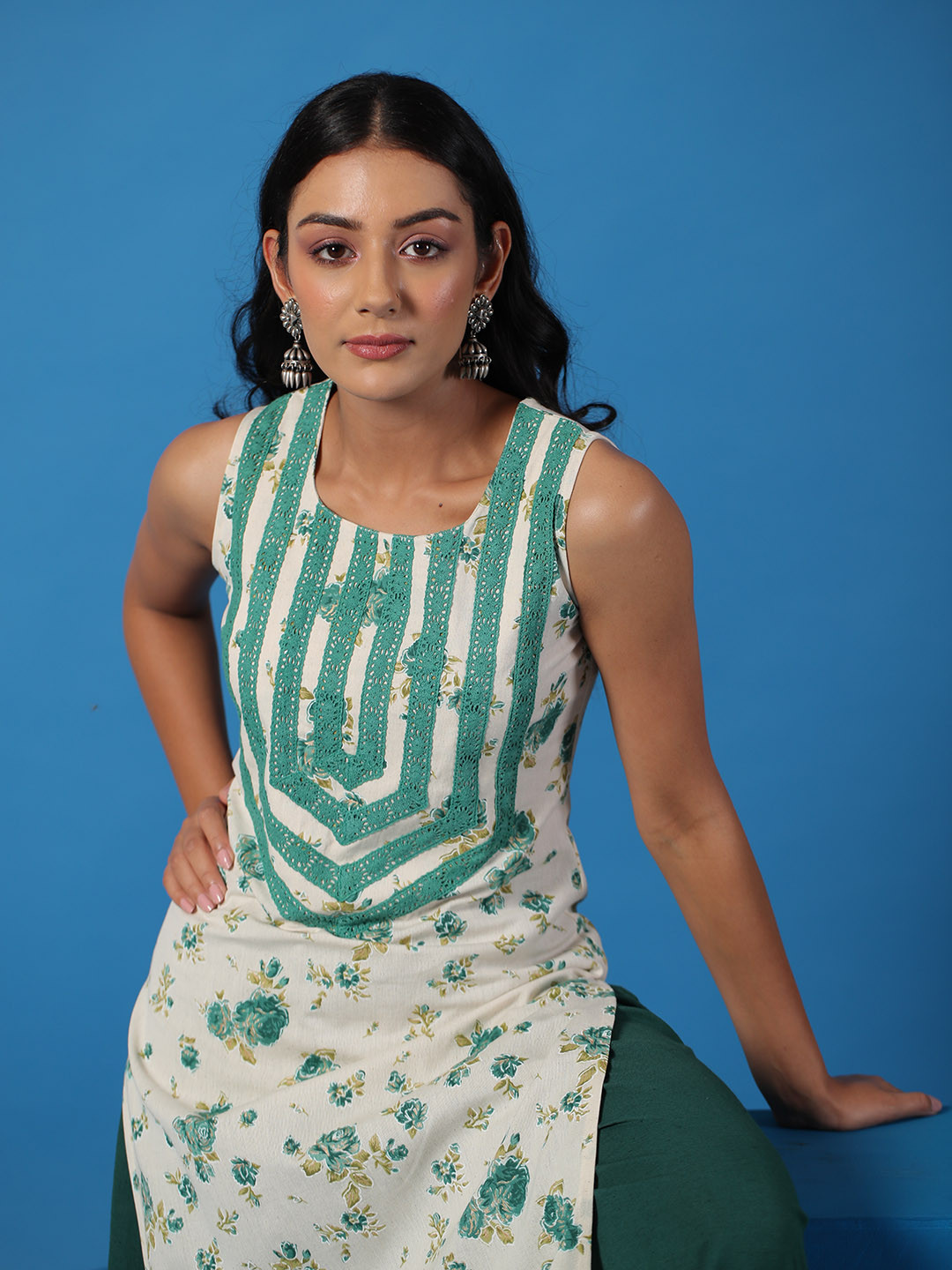 anayna Women Sea Green Floral Printed Regular Kurta with Dhoti Pants