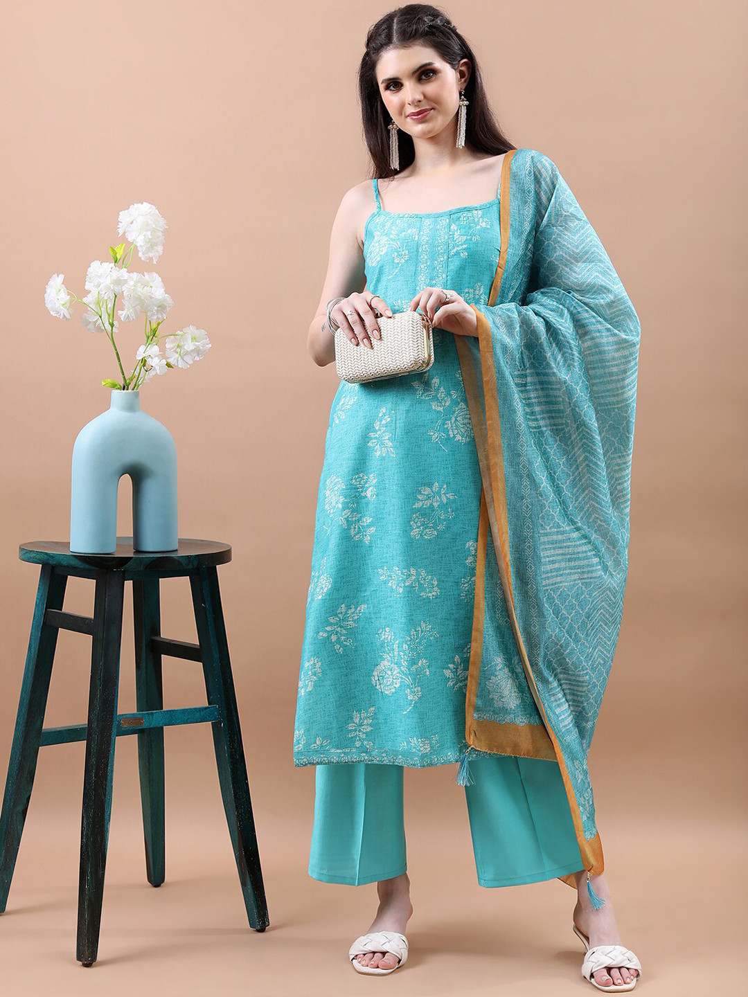 Vishudh Turquoise Blue Floral Printed Regular Kurta with Trousers & With Dupatta