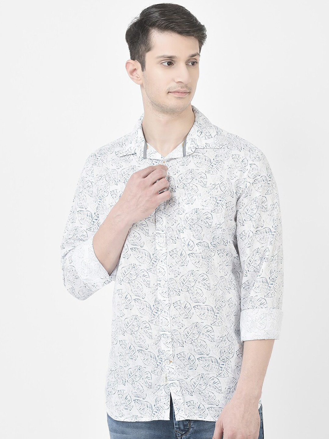 Crimsoune Club Tropical Printed Cotton Linen Slim Fit Casual Shirt