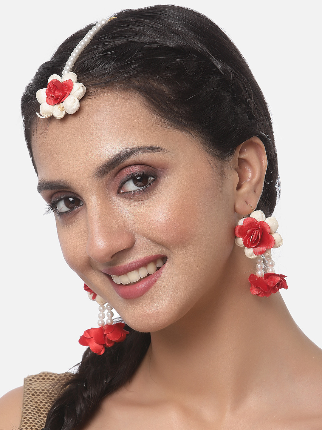 ZENEME Red Rose & White Beads Gota Patti Maang Tikka With Earring Bridal set