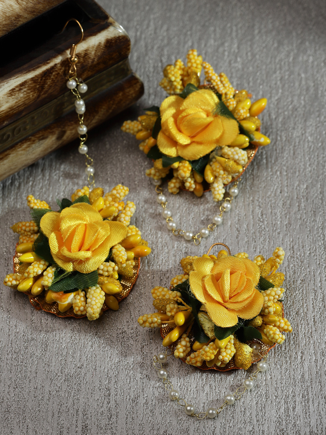 ZENEME Yellow Rose Gota Patti Maang Tikka With Earring Bridal set
