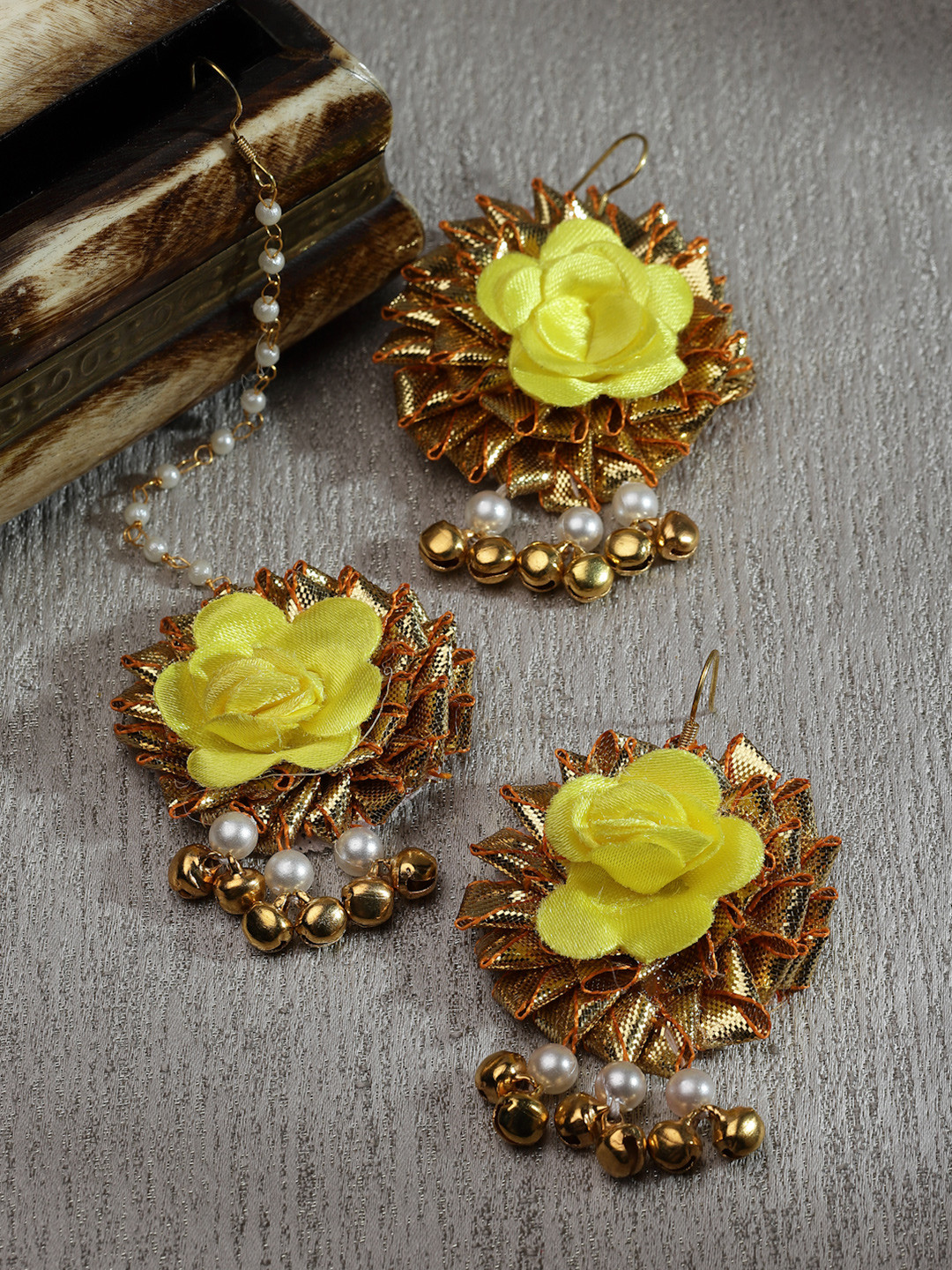 ZENEME Yellow Rose Gota Patti Maang Tikka With Earring Bridal set