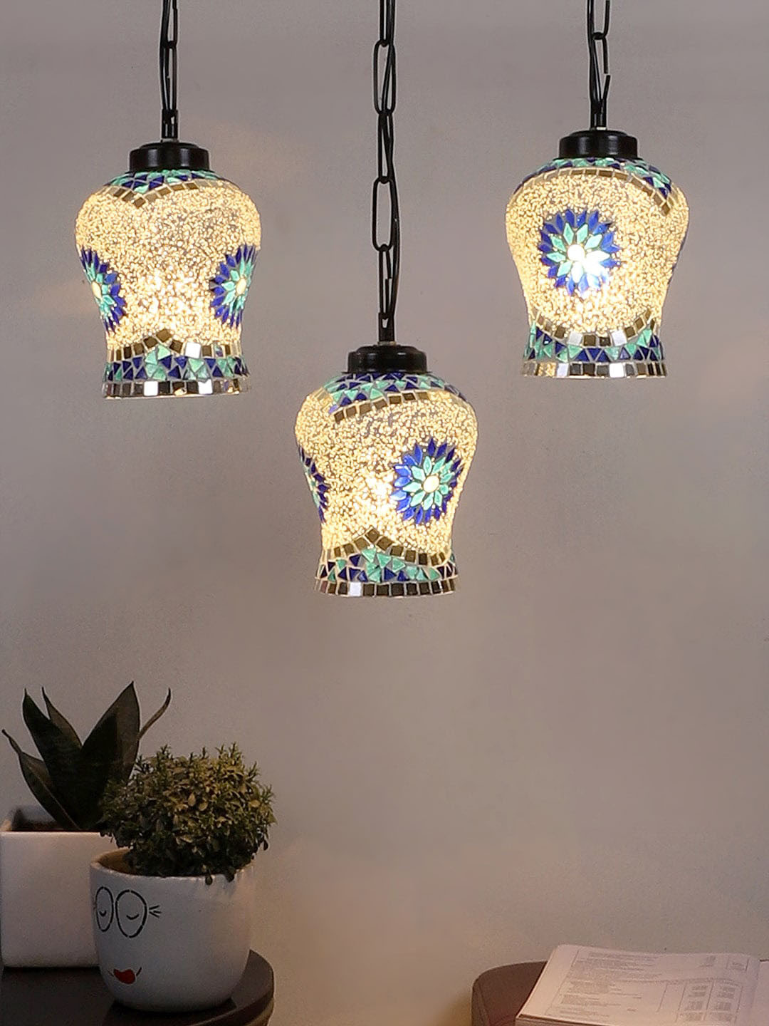 Devansh White & Blue Textured Cluster Mosaic Hanging Lamp