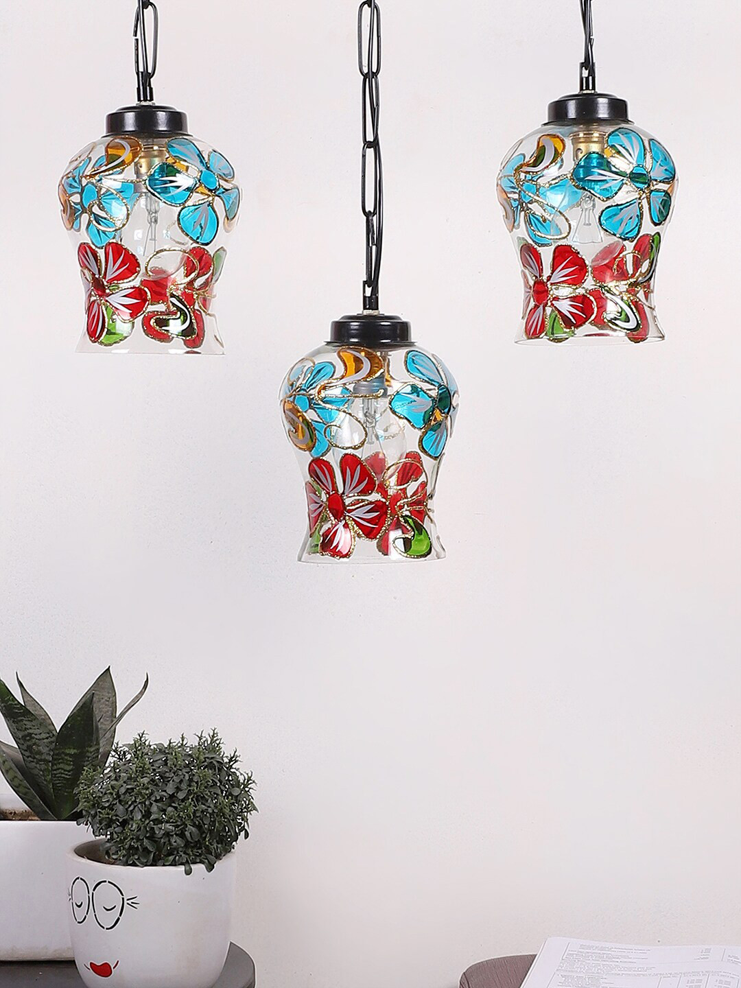 Devansh Transparent & Red Printed Cluster Mosaic Glass Hanging Lamp