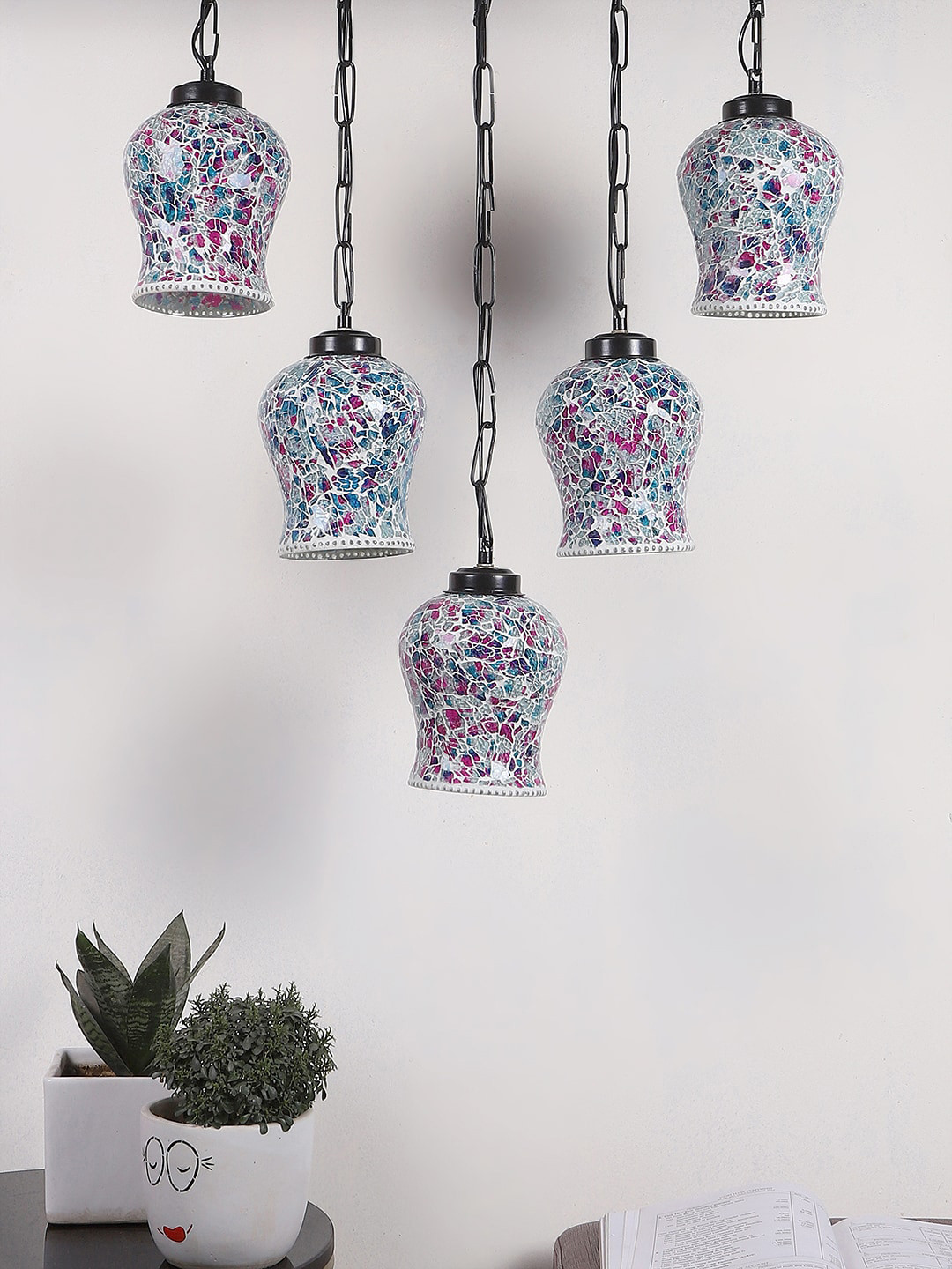 Devansh White and Pink Textured Mosaic Glass Quintuple Hanging Lamp