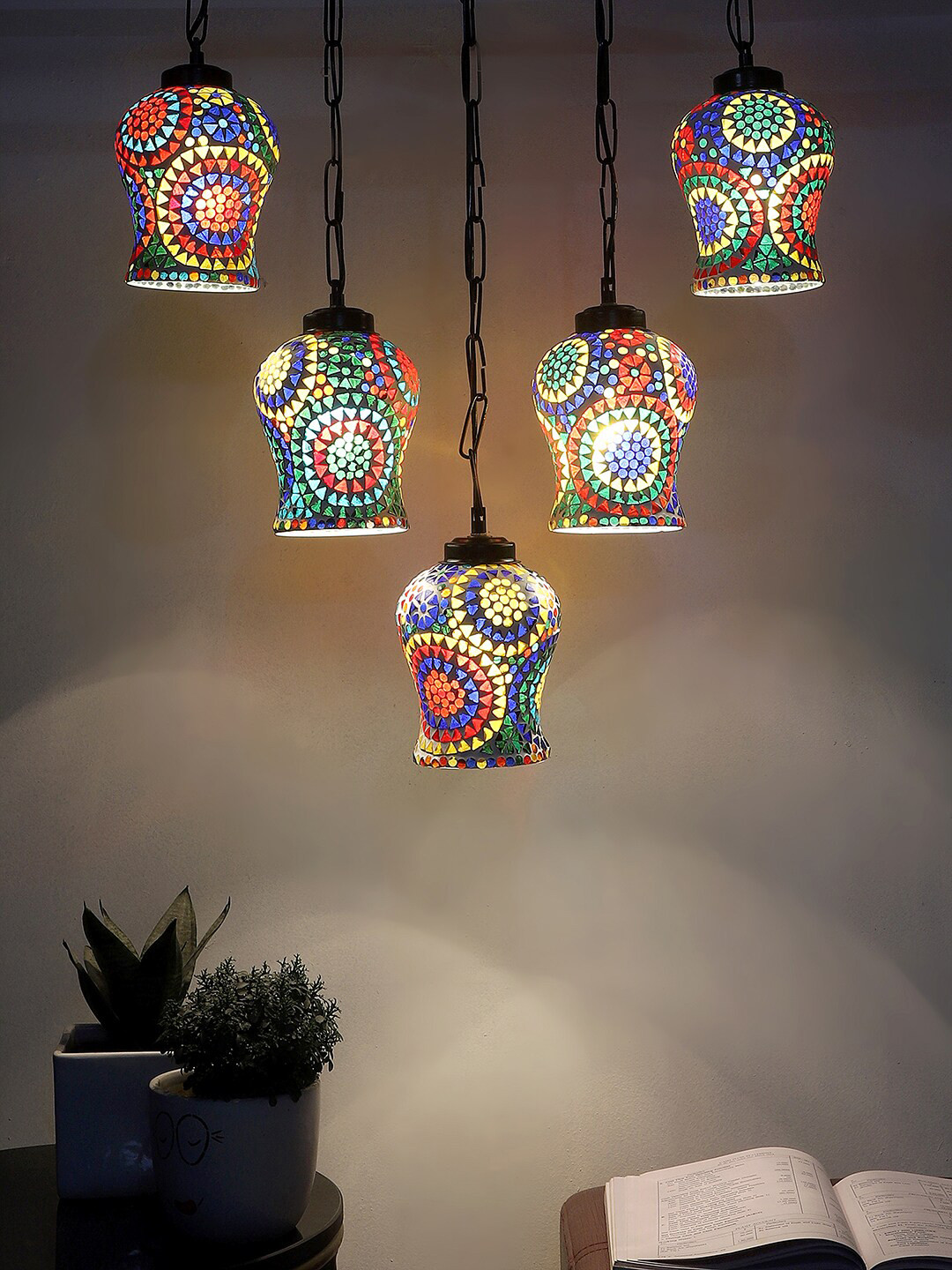 Devansh White & Red Mosaic Design Glass Ceiling Lamp