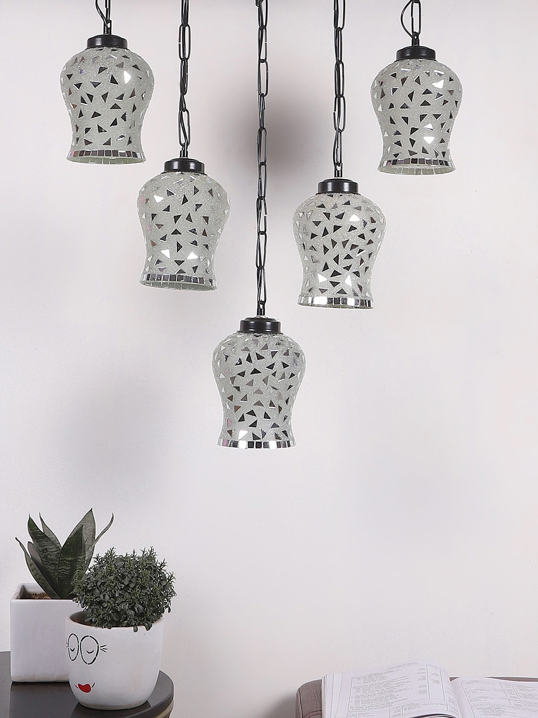Devansh White & Transparent Textured Glass Quintuple Hanging Lamp