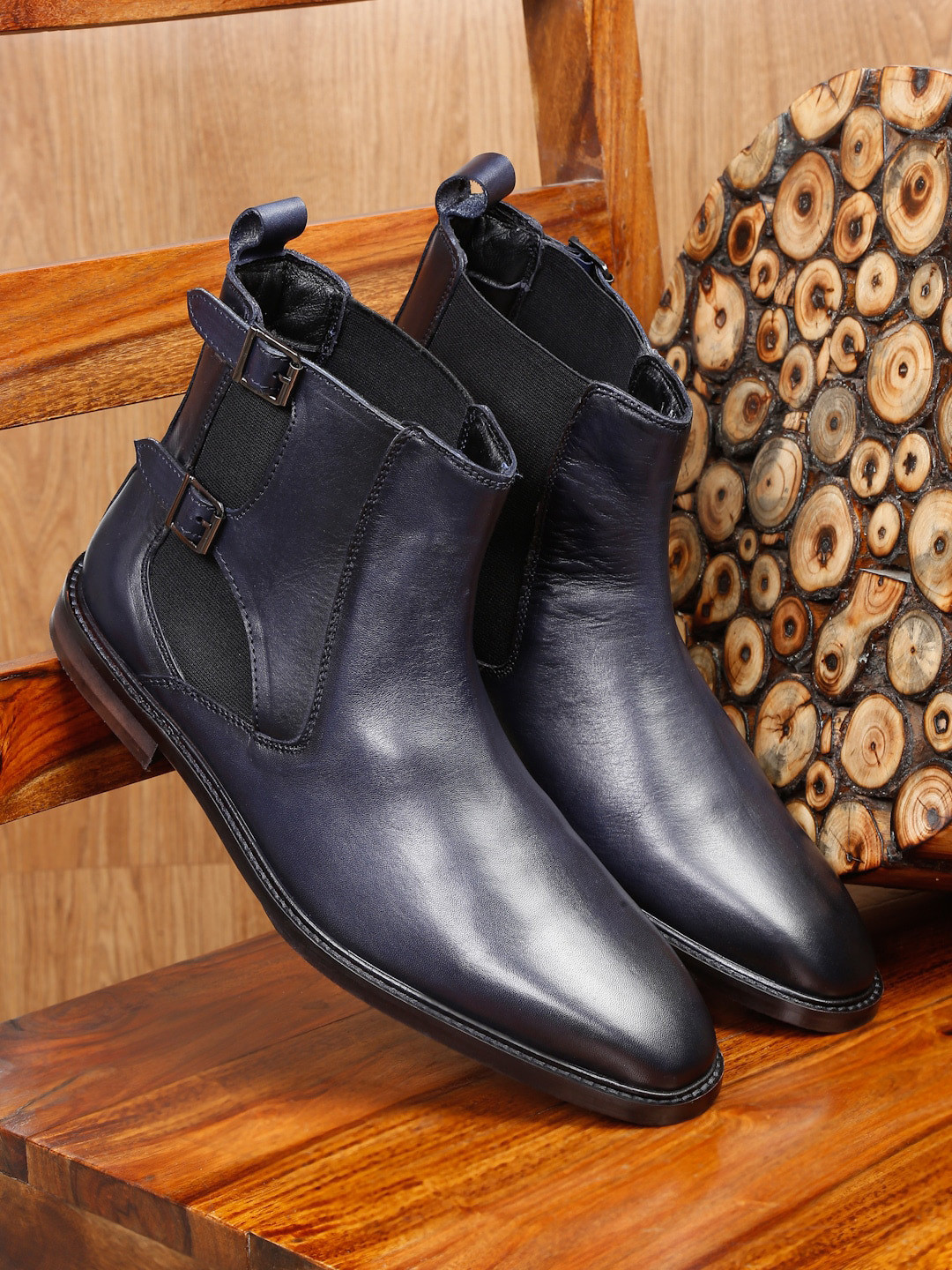 Teakwood Leathers Men Mid Top Leather Chelsea Boots With Buckle Detail