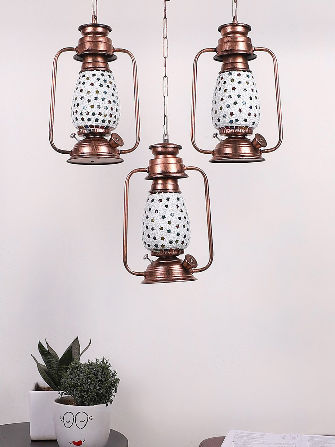 Devansh White & Yellow Cluster Mosaic Design Lantern Glass Ceiling Lamp