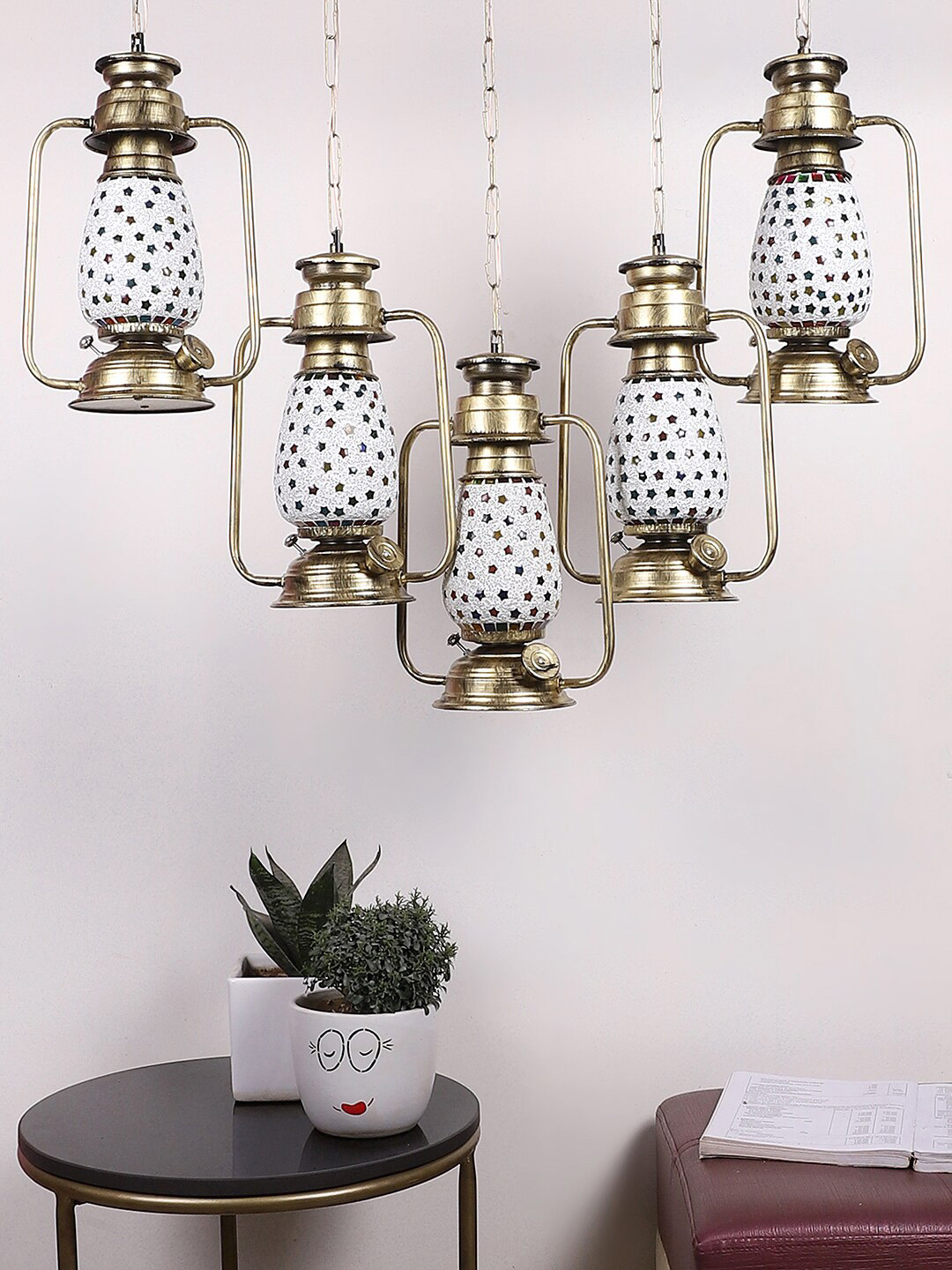 Devansh Gold-Toned & White Mosaic Design Cluster Lantern Glass Hanging Lamps
