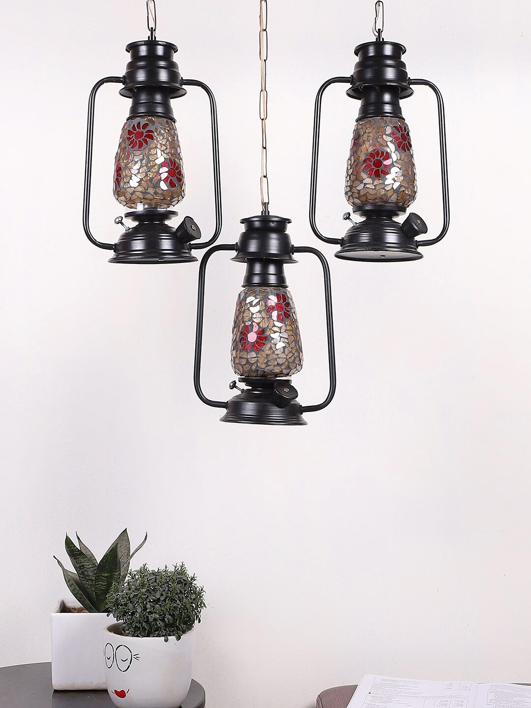 Devansh Black & Red Antique Mosaic Design Lantern Ceiling Lamp