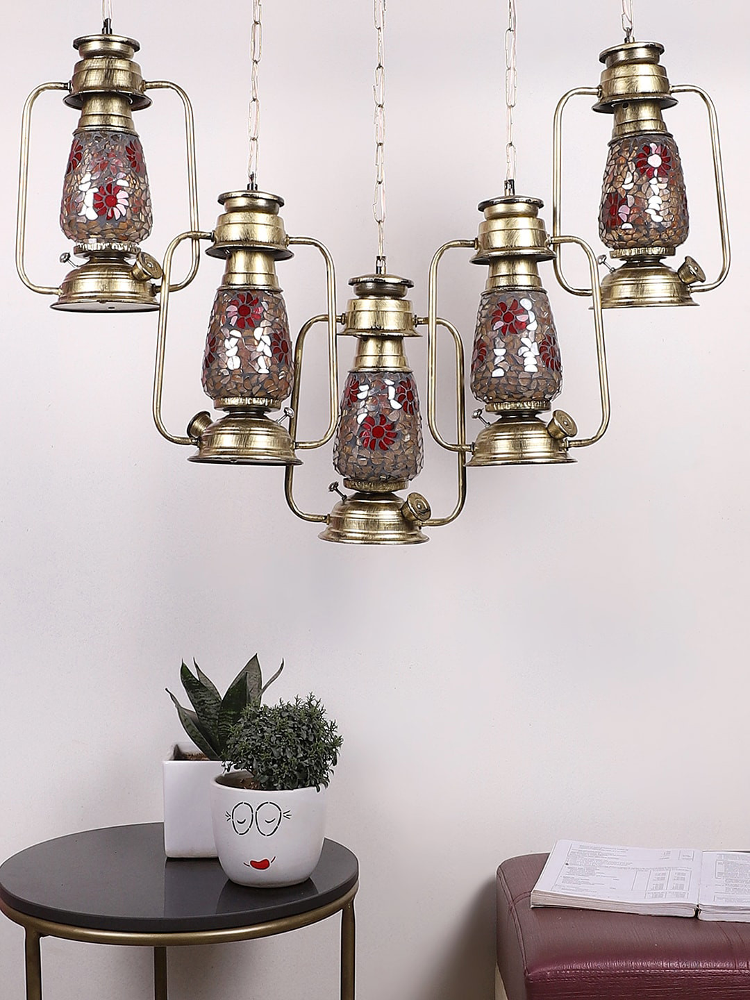 Devansh Gold-Toned & Red Cluster Glass Lantern Hanging Lamps