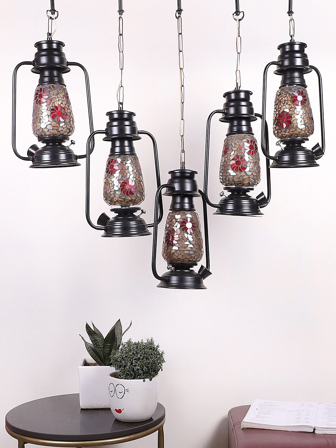 Devansh Black & Red quintuple 5 Glass Lantern Hanging Lamps