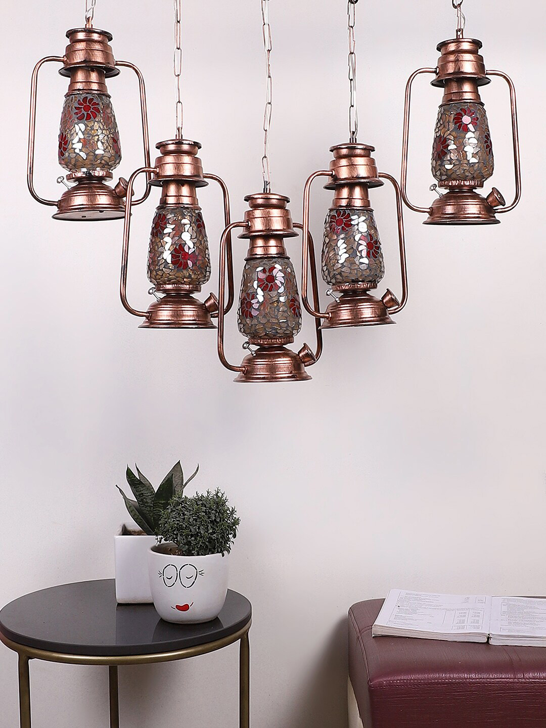 Devansh Copper-Toned & Red Cluster 5 Glass Lantern Hanging Lamps