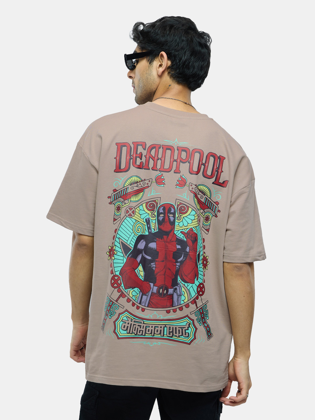 The Souled Store Brown Deadpool Printed Pure Cotton Oversized T-shirt