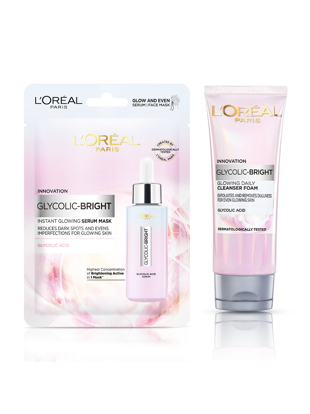 LOreal Paris Set of Glycolic Bright Cleanser Foam - 50 ml & Serum Sheet Mask - 22 g