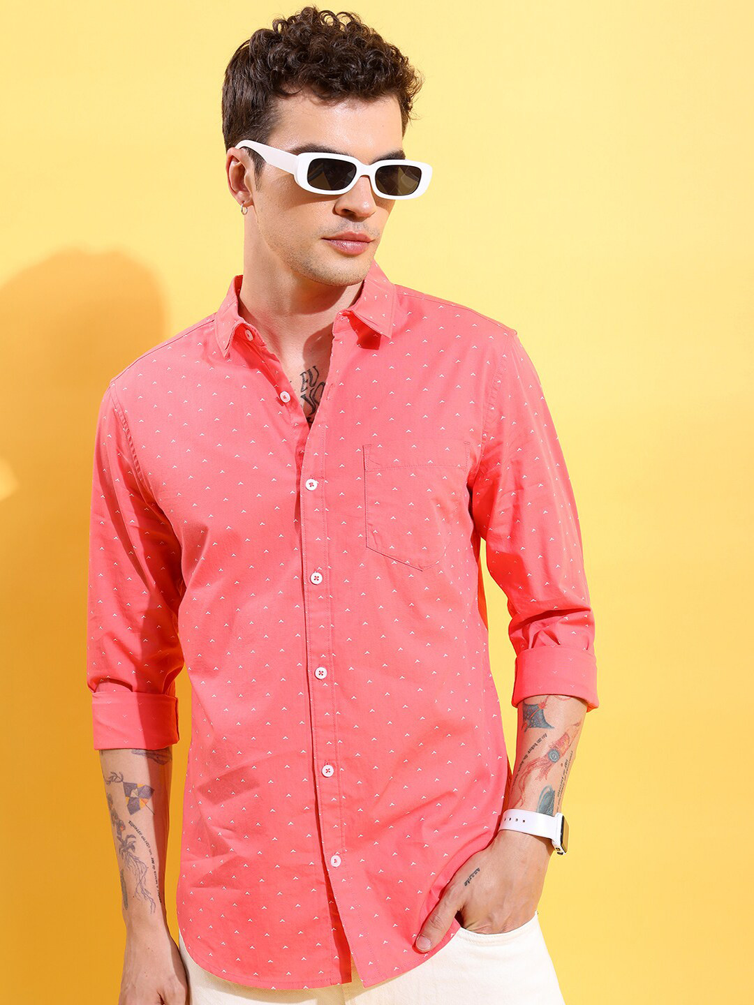 HIGHLANDER Coral Micro Ditsy Printed Cotton Slim Fit Casual Shirt