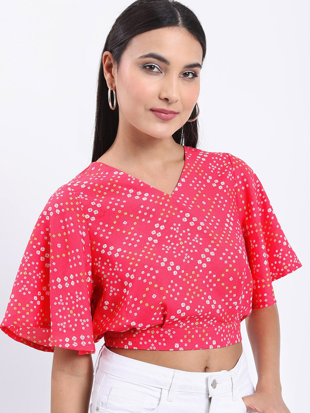 Vishudh Pink Geometric Printed V-Neck Flared Sleeves Crop Top