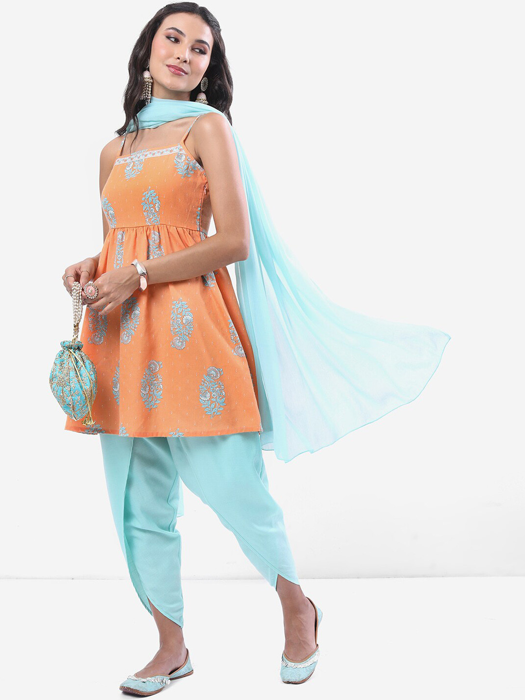 Vishudh Peach-Coloured & Blue Floral Printed Kurta With Dhoti Pants & Dupatta