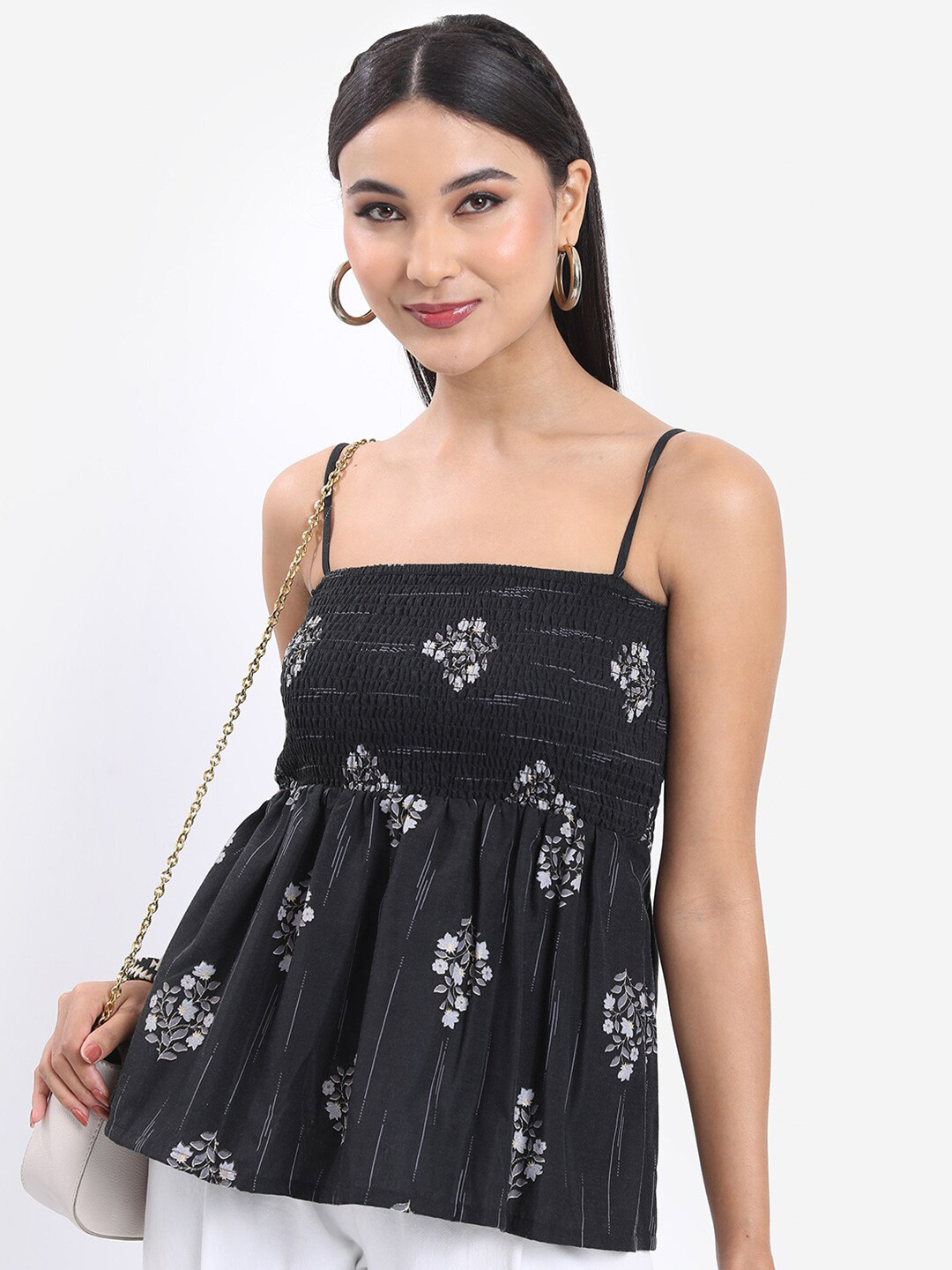 Vishudh Black Floral Printed Shoulder Straps Empire Top