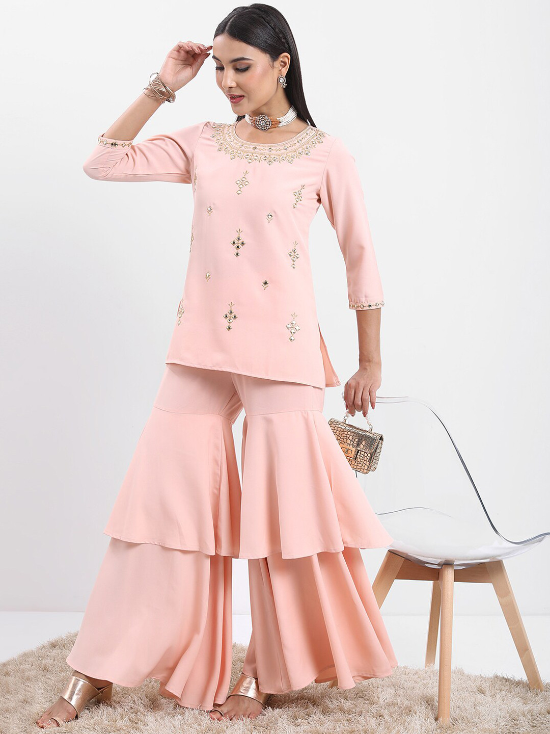 Vishudh Peach-Coloured & Gold Embroidered Mirror Work Kurti With Sharara