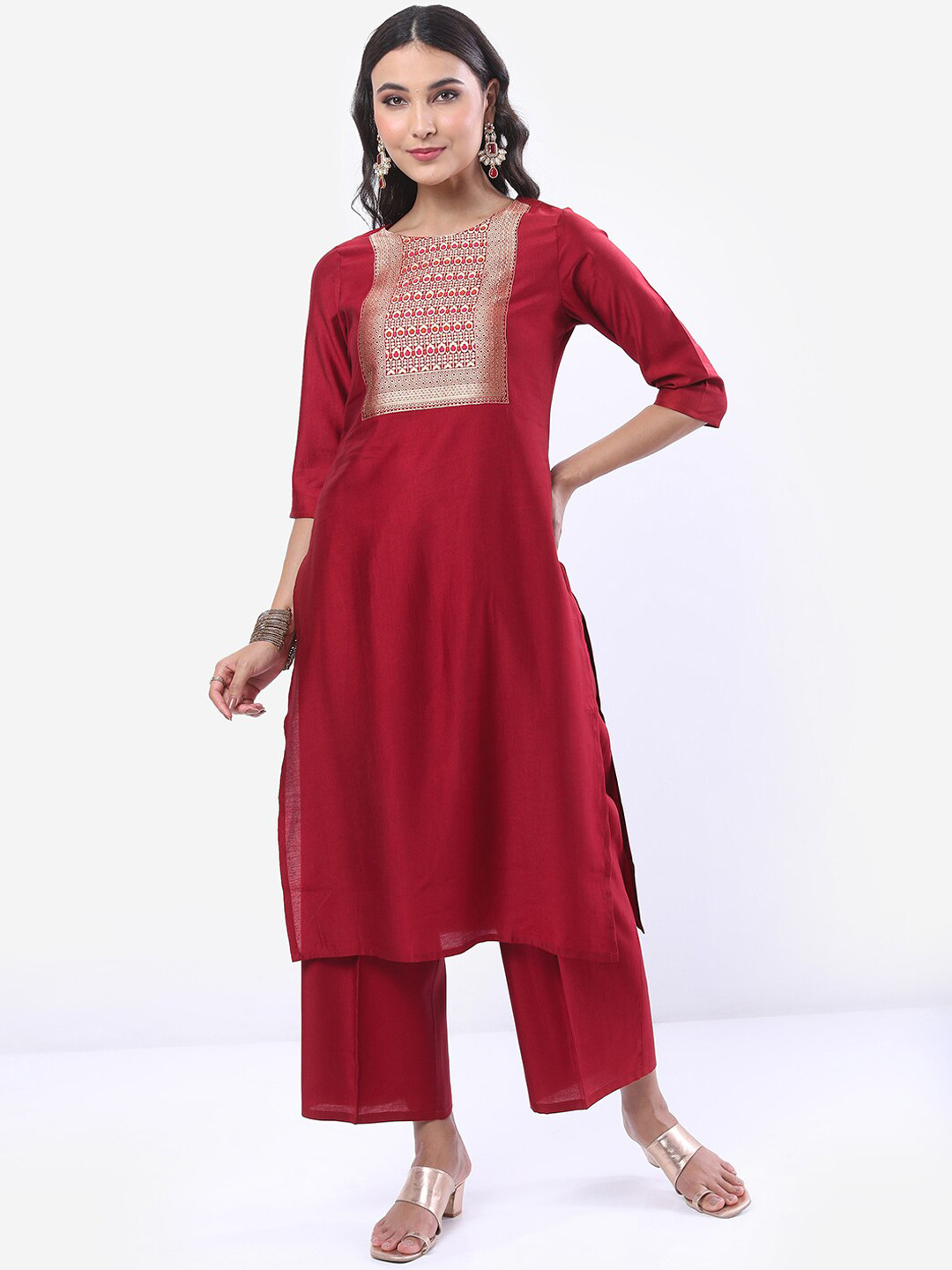 Vishudh Maroon & Gold Ethnic Motifs Woven Design Zari Kurta With Palazzos