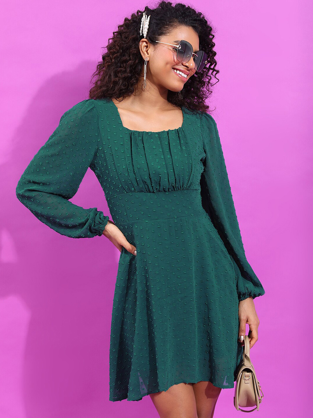 Tokyo Talkies Green Self Design Pleated Fit & Flare Mini Dress