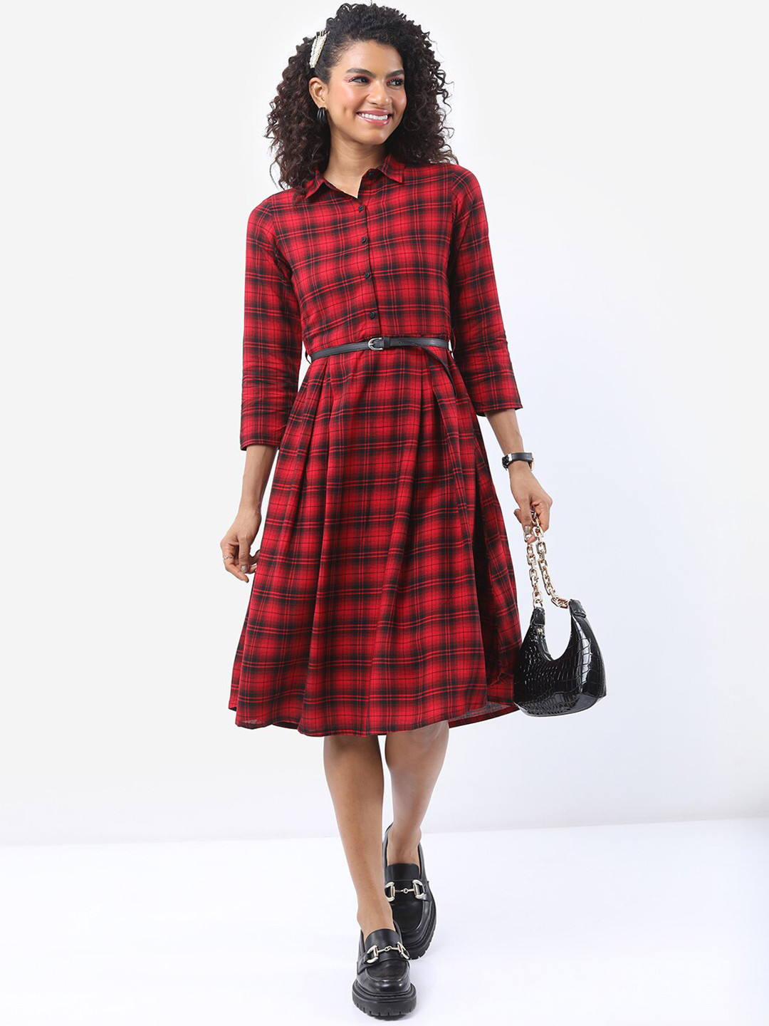 Tokyo Talkies Red & Black Checked Shirt Dress With Belt