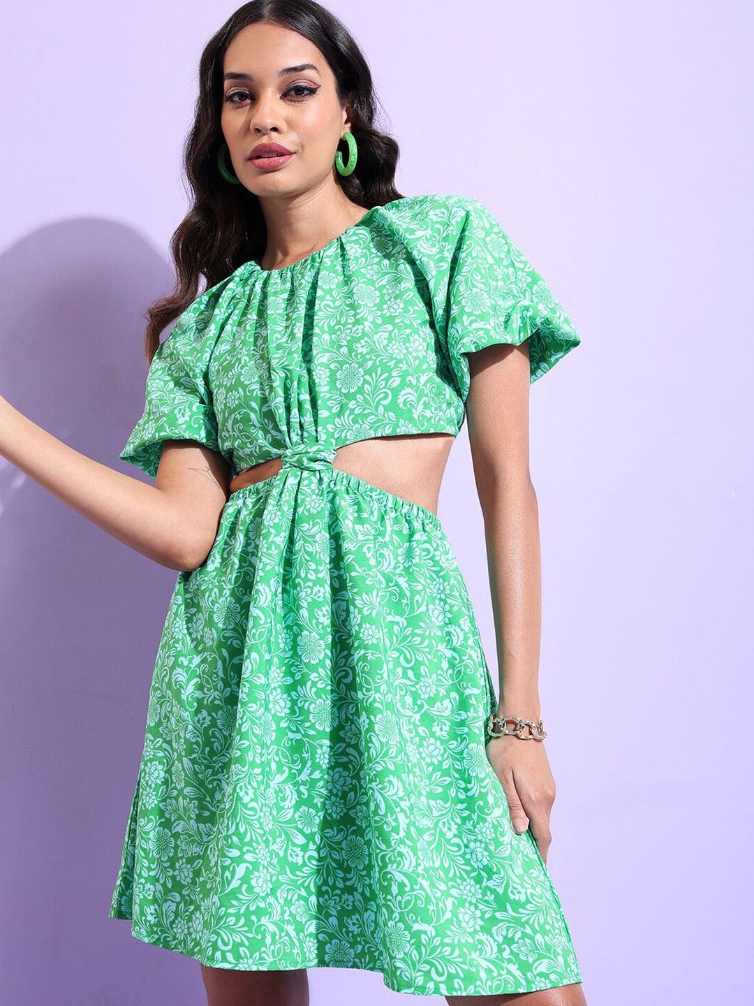 Tokyo Talkies Green Floral Printed Cut-Out Fit & Flare Mini Dress