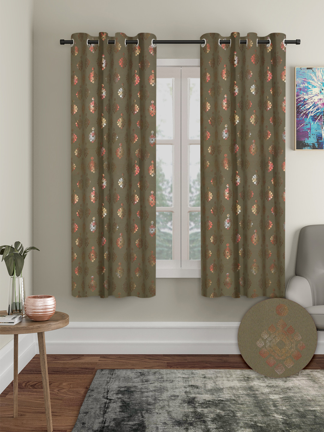 Cortina Olive Green & Gold-Toned 2 Pieces Ethnic Motifs Black Out Window Curtains
