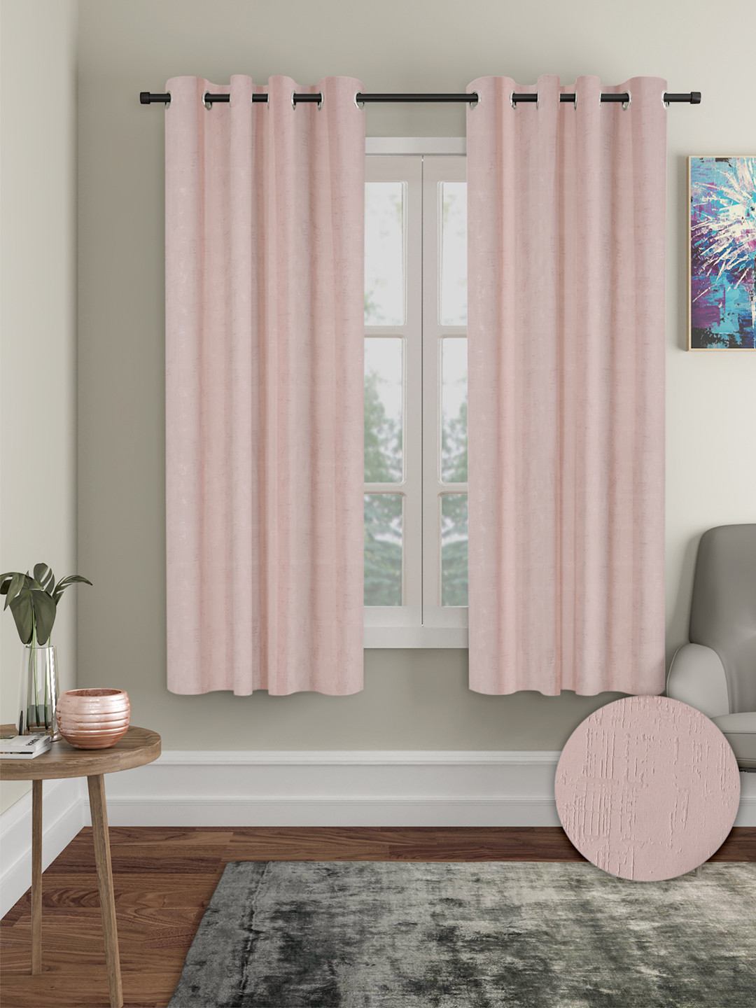 Cortina Pink 2 Pieces Self Design Black Out Window Curtains