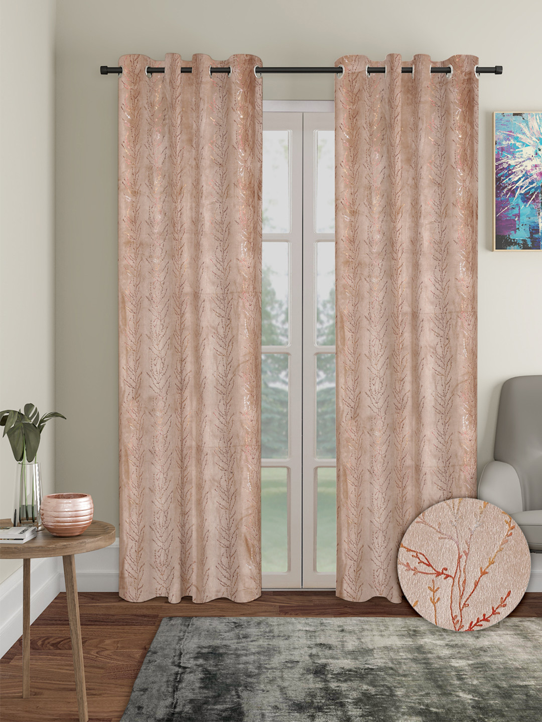 Cortina Beige 2 Pieces Leaf Printed Black Out Door Curtains