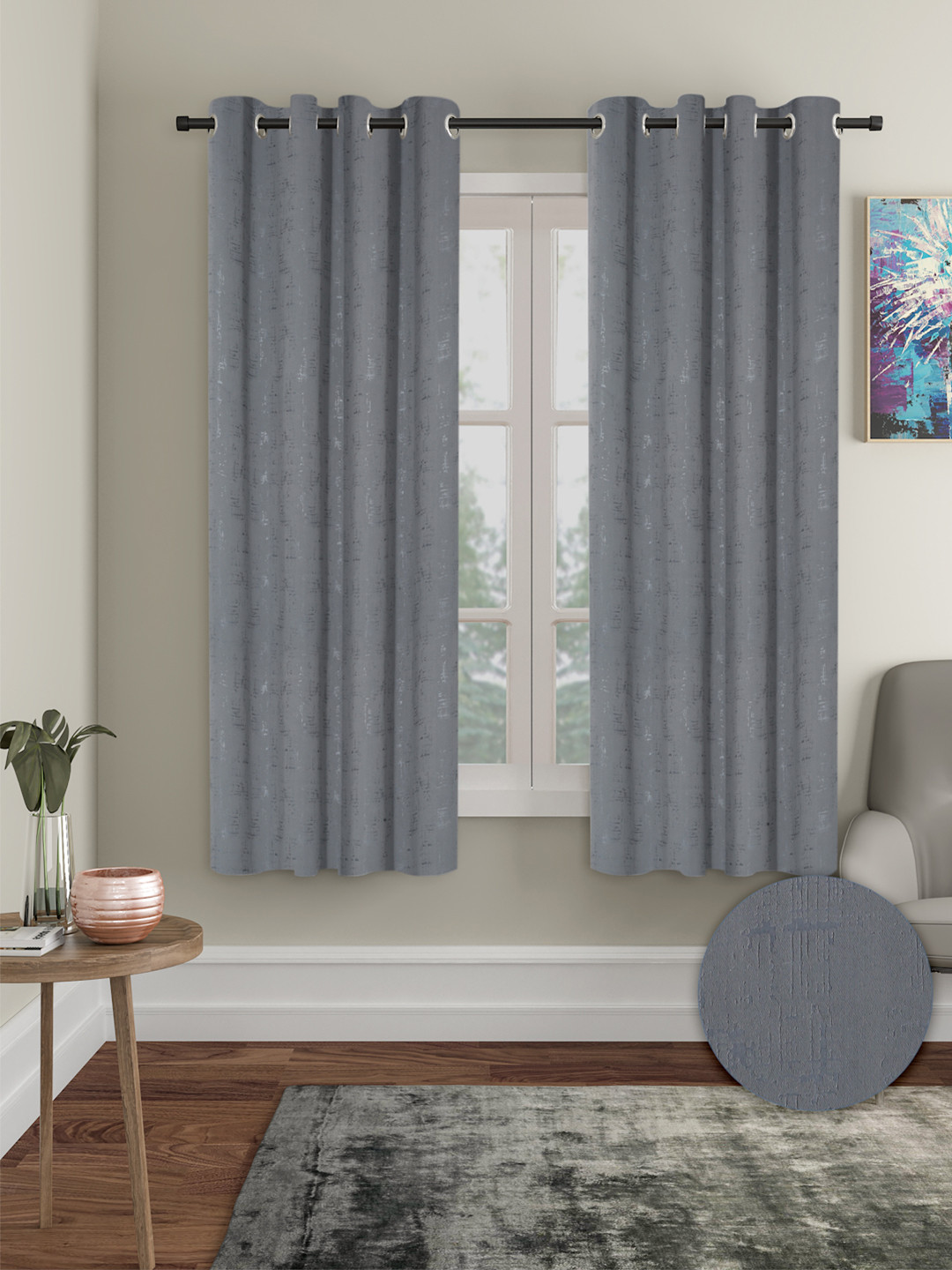 Cortina Grey 2 Pieces Self Design Black Out Long Door Curtains