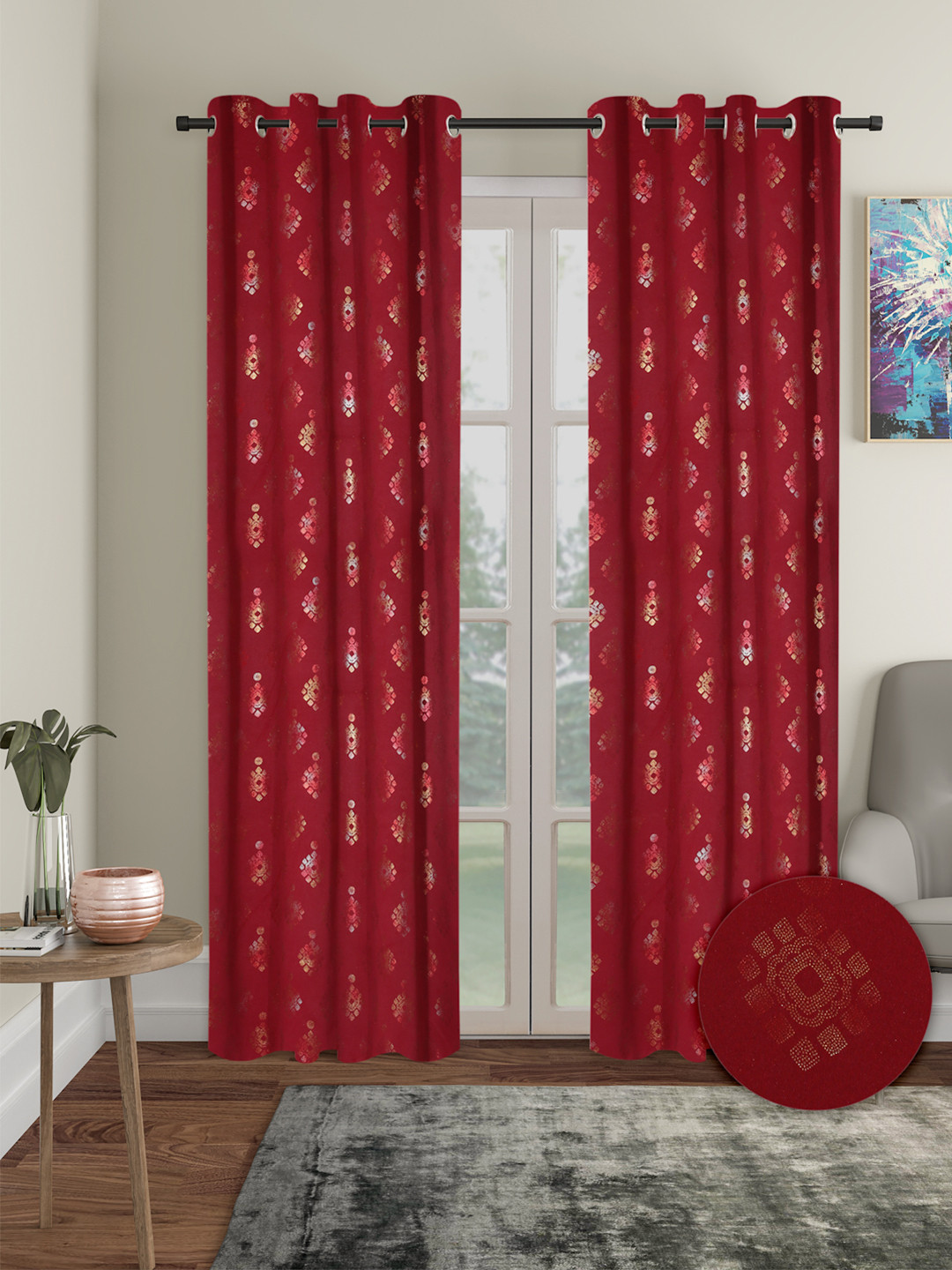 Cortina Red & Gold-Toned 2 Pieces Ethnic Motifs Black Out Door Curtains
