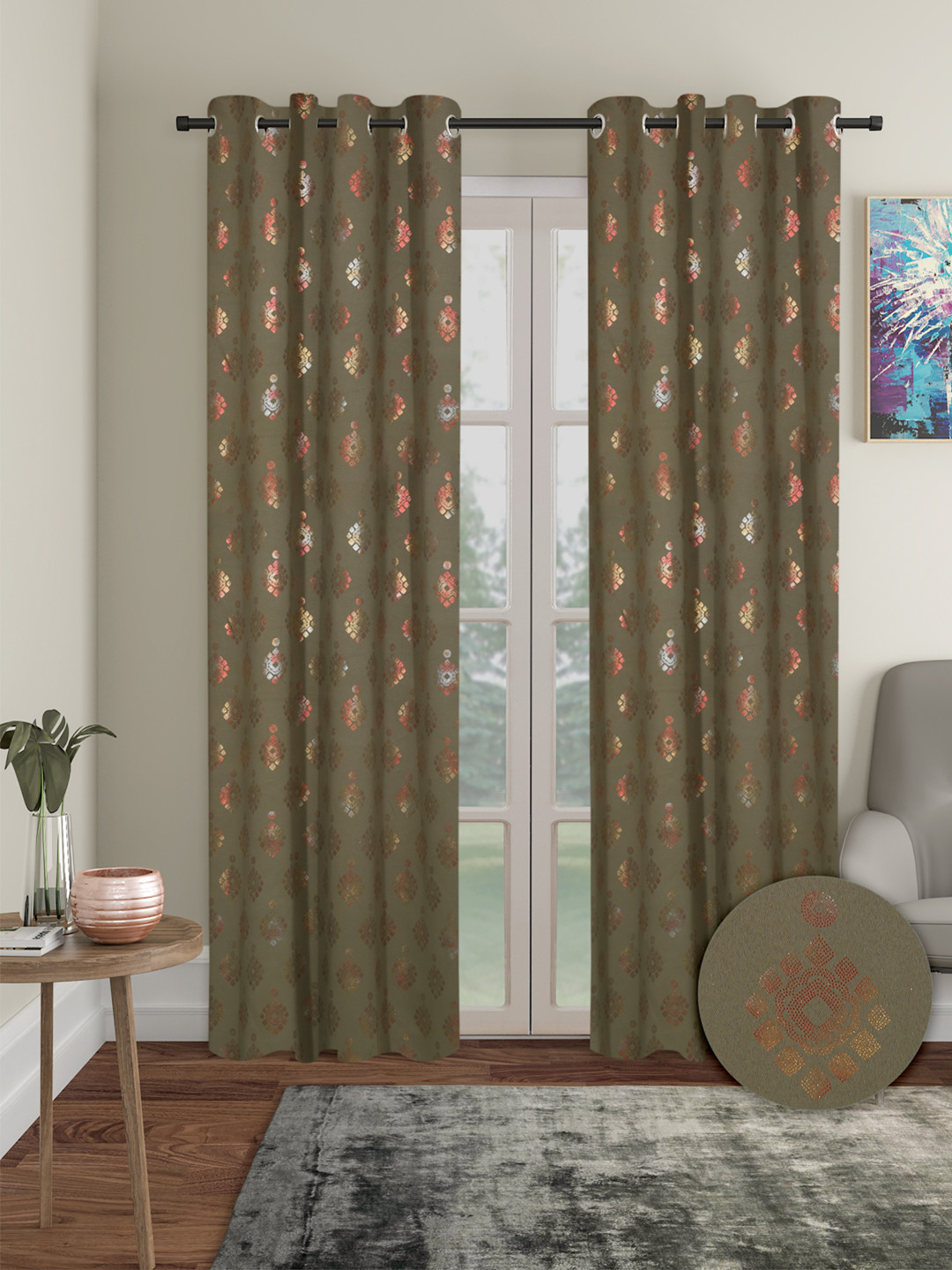 Cortina Olive Green & Gold-Toned 2 Pieces Ethnic Motifs Black Out Long Door Curtains