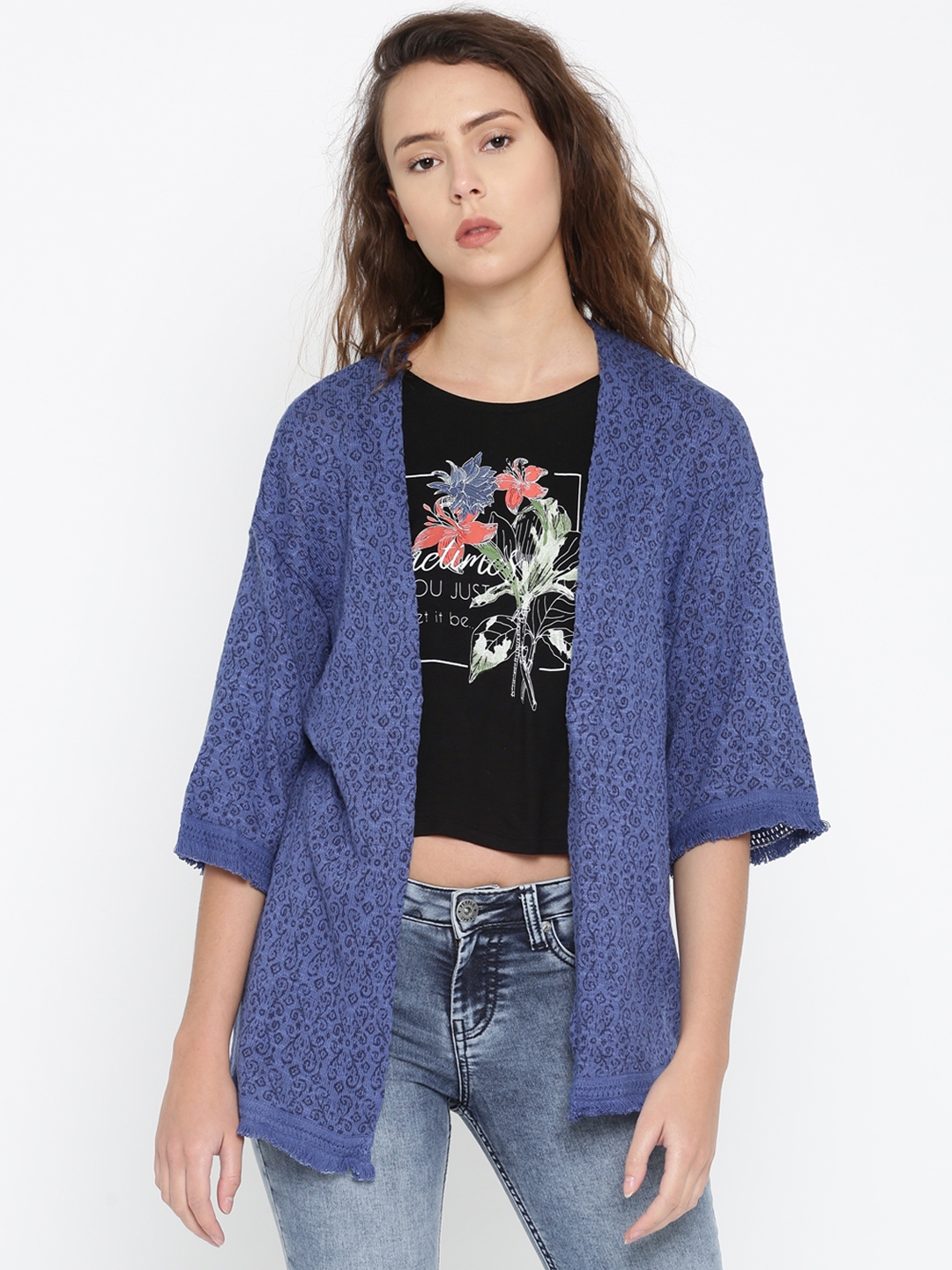 People Women Blue Printed Front Open Sweater