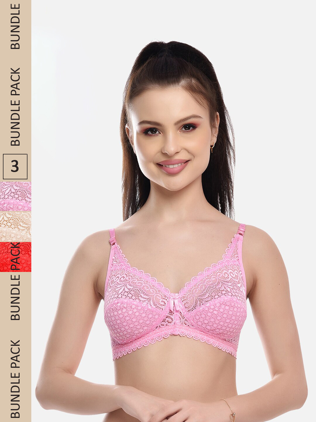 FIMS Pack Of 3 Self Design Full Coverage All Day Comfort Rapid Dry Cotton Bralette Bra