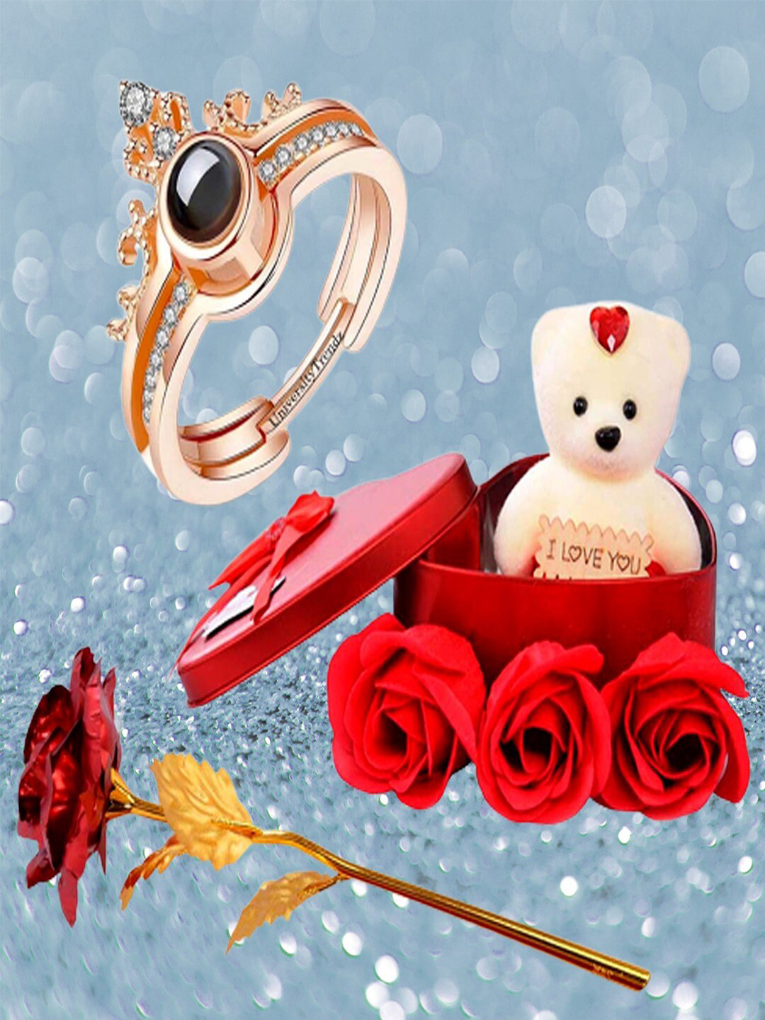 UNIVERSITY TRENDZ  Red Love You Ring With Artificial Rose & Mini Teddy Valentine Gift Set