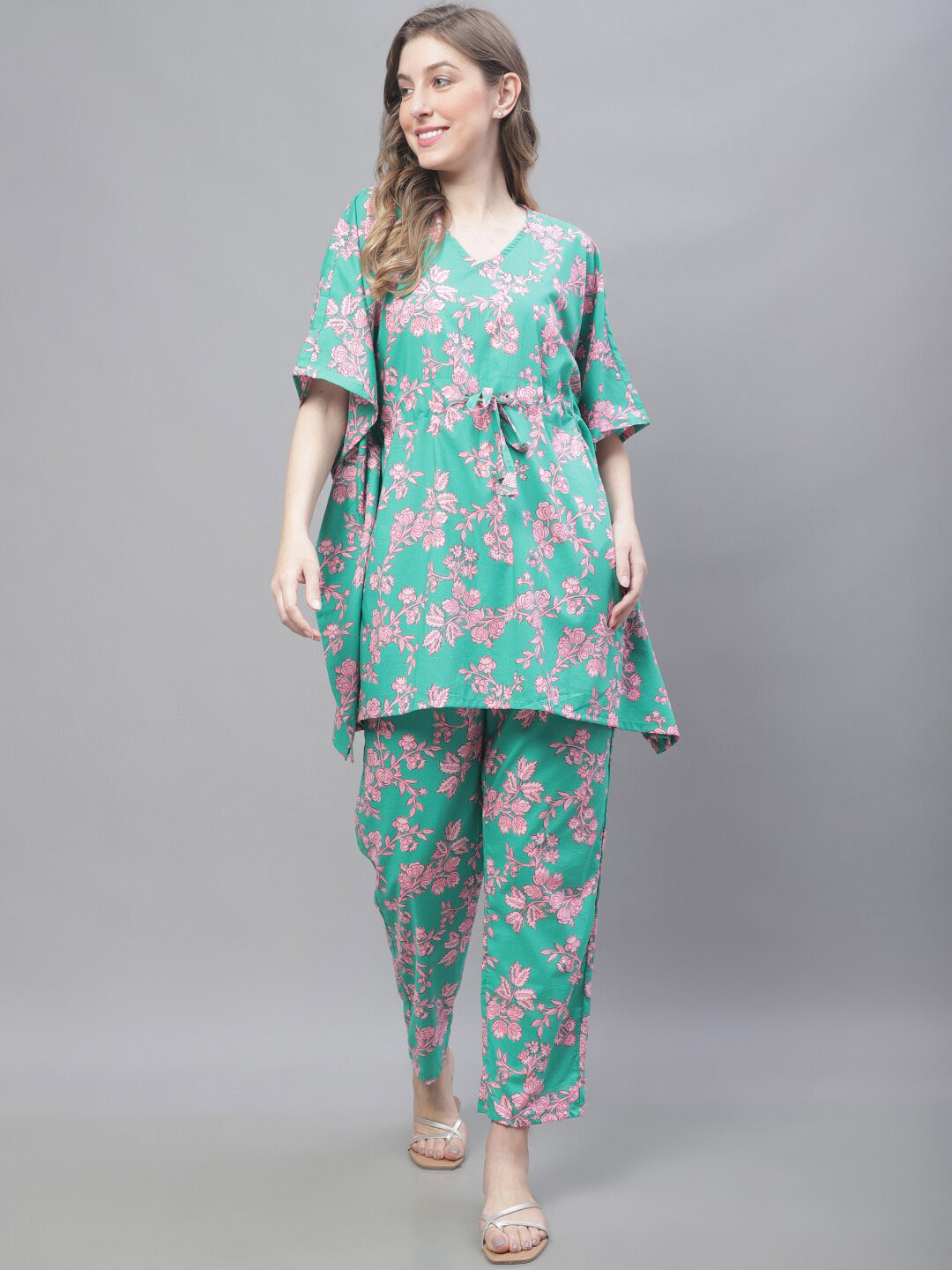 TAG 7 Floral Printed V Neck Pure Cotton Kaftan Kurta With Trousers