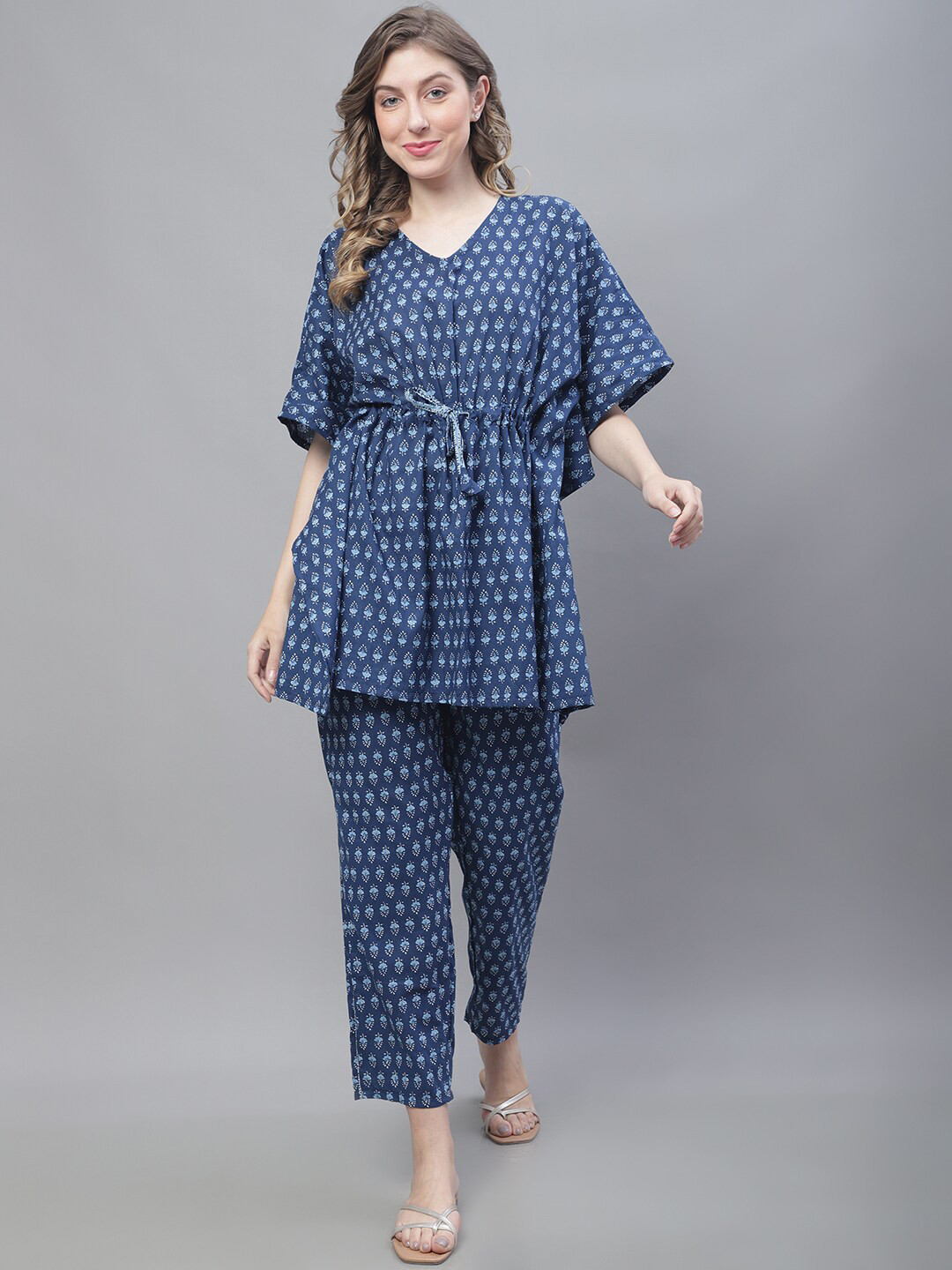 TAG 7 Ethnic Motif Printed V Neck Pure Cotton Kaftan Kurta With Trousers