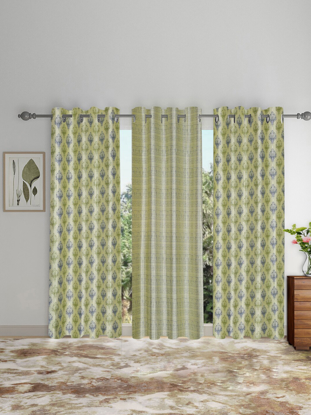 SOKNACK Green & Grey 3 Pieces Ethnic Motifs Black Out Door Curtains
