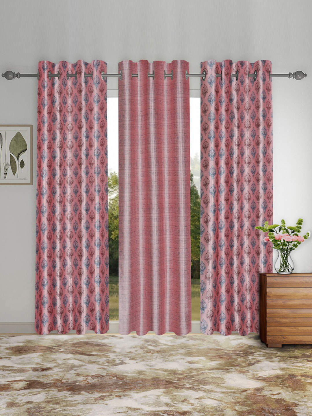 SOKNACK Pink & Grey 3 Pieces Ethnic Motifs Black Out Long Door Curtains