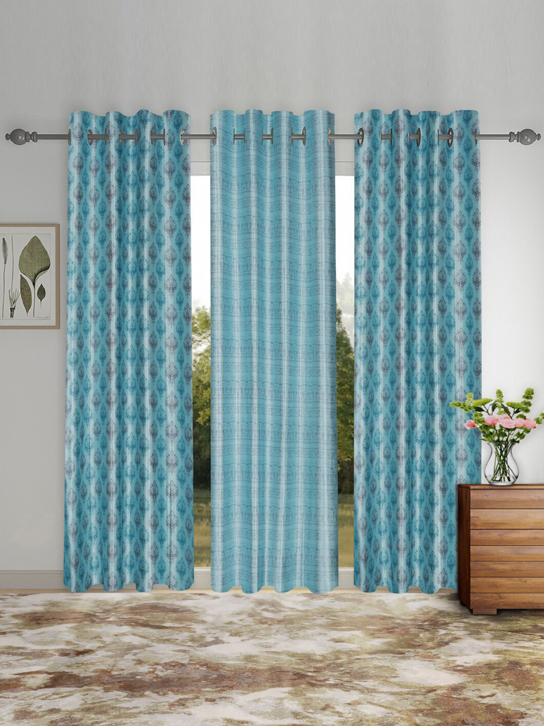 SOKNACK Blue & Grey 3 Pieces Ethnic Motifs Black Out Long Door Curtains