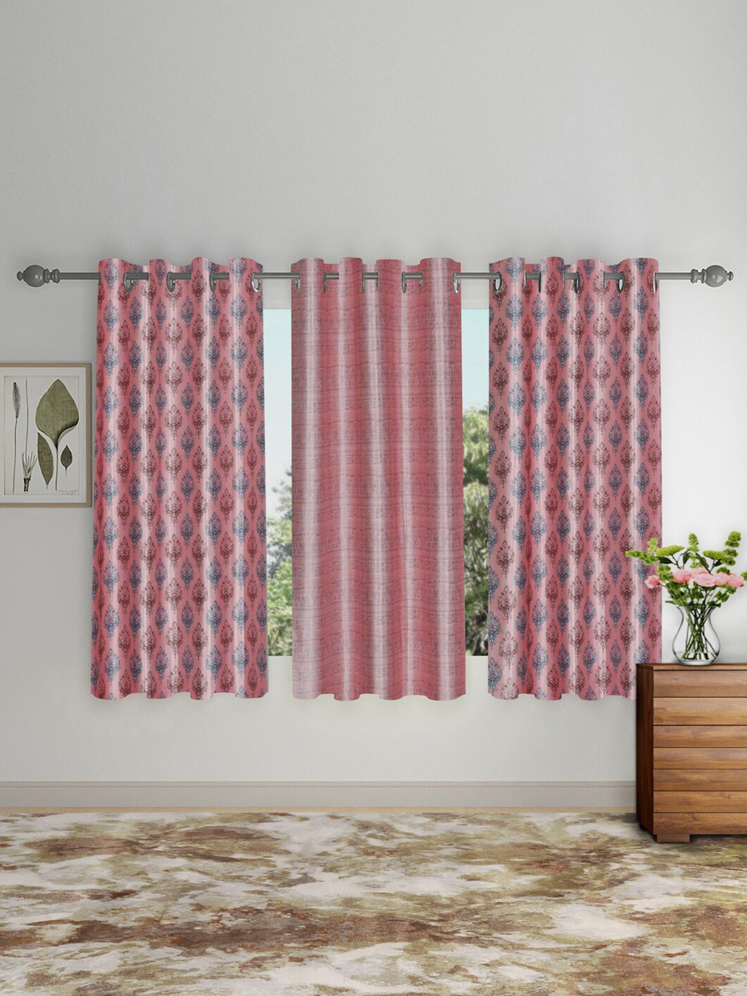SOKNACK Pink & Grey 3 Pieces Ethnic Motifs Printed Black Out Window Curtains