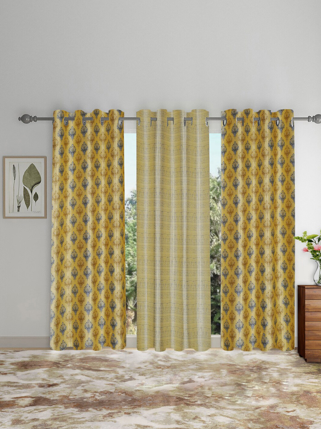 SOKNACK Yellow & Cream-Coloured 3 Pieces Ethnic Motifs Black Out Door Curtains