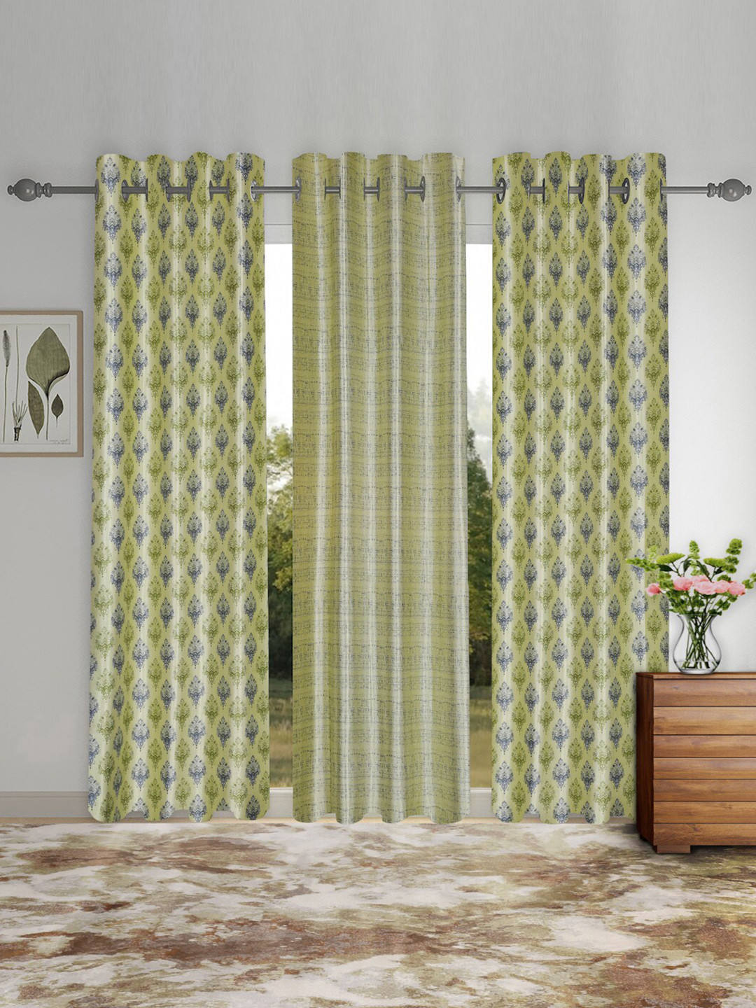 SOKNACK Green & Grey 3 Pieces Ethnic Motifs Black Out Long Door Curtains