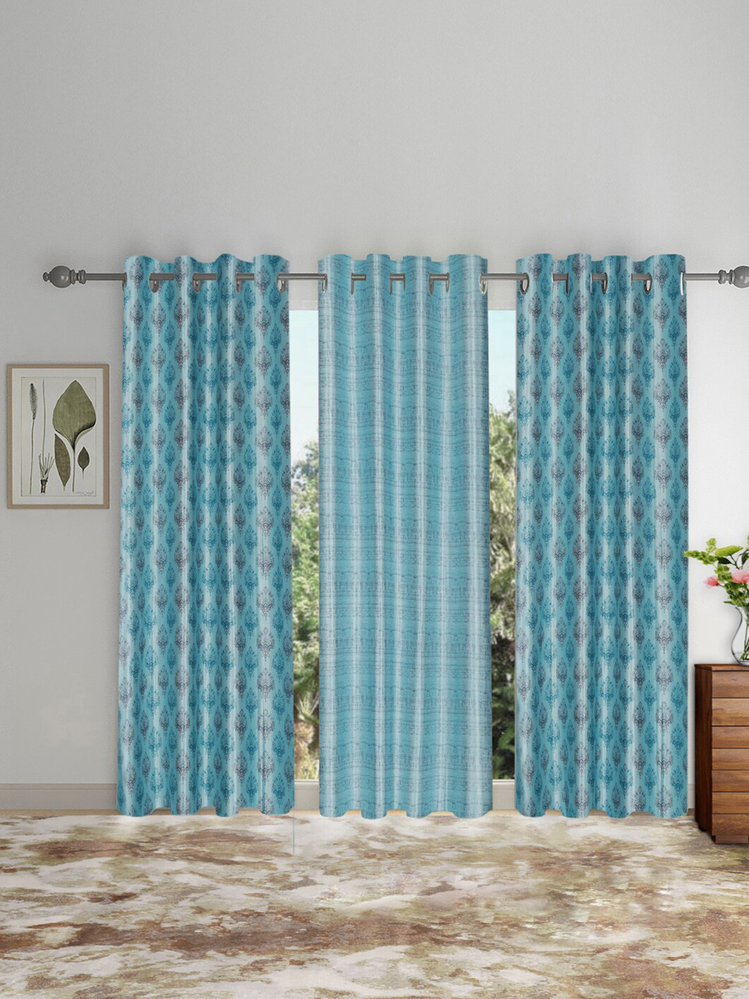 SOKNACK Blue & Grey 3 Pieces Ethnic Motifs Black Out Door Curtains