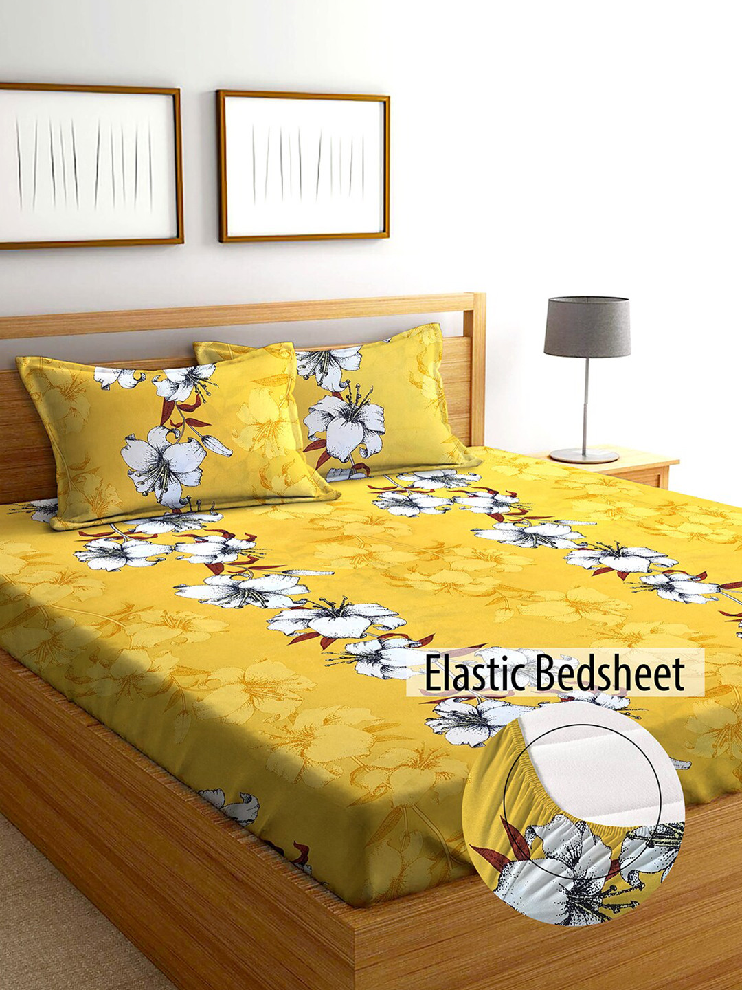 AEROHAVEN Yellow Floral Cotton 240 TC Fitted King Fine Bedsheet with 2 Pillow Covers-198 x 182 cm