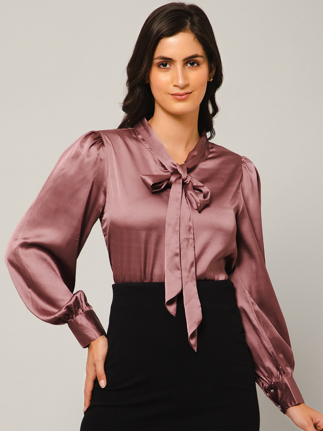PURYS Tie-Up Neck Satin Top